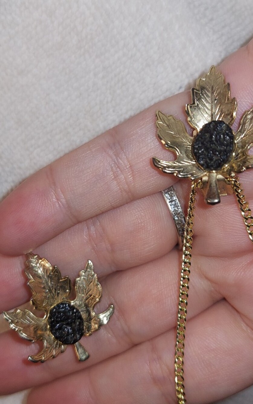 Vintage Upcycled Gold Leaf Pendant Necklace with Black Centerstone And Brooch